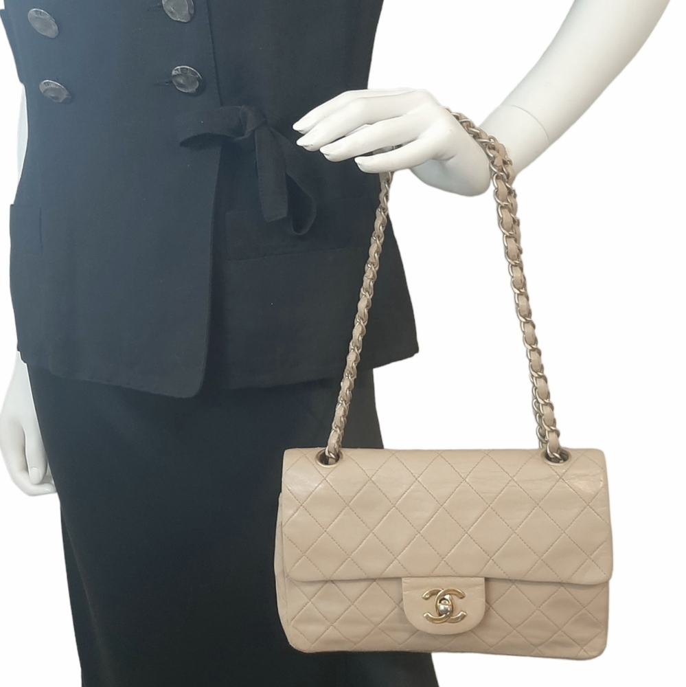 Vtg Chanel Classic Quilted Lambskin Double Flap Bag Beige Small 24k - Picture 2 of 16